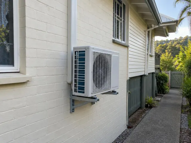 Wall-mounted outdoor air conditioner on a cream brick house beside a narrow side path in Mudgeeraba